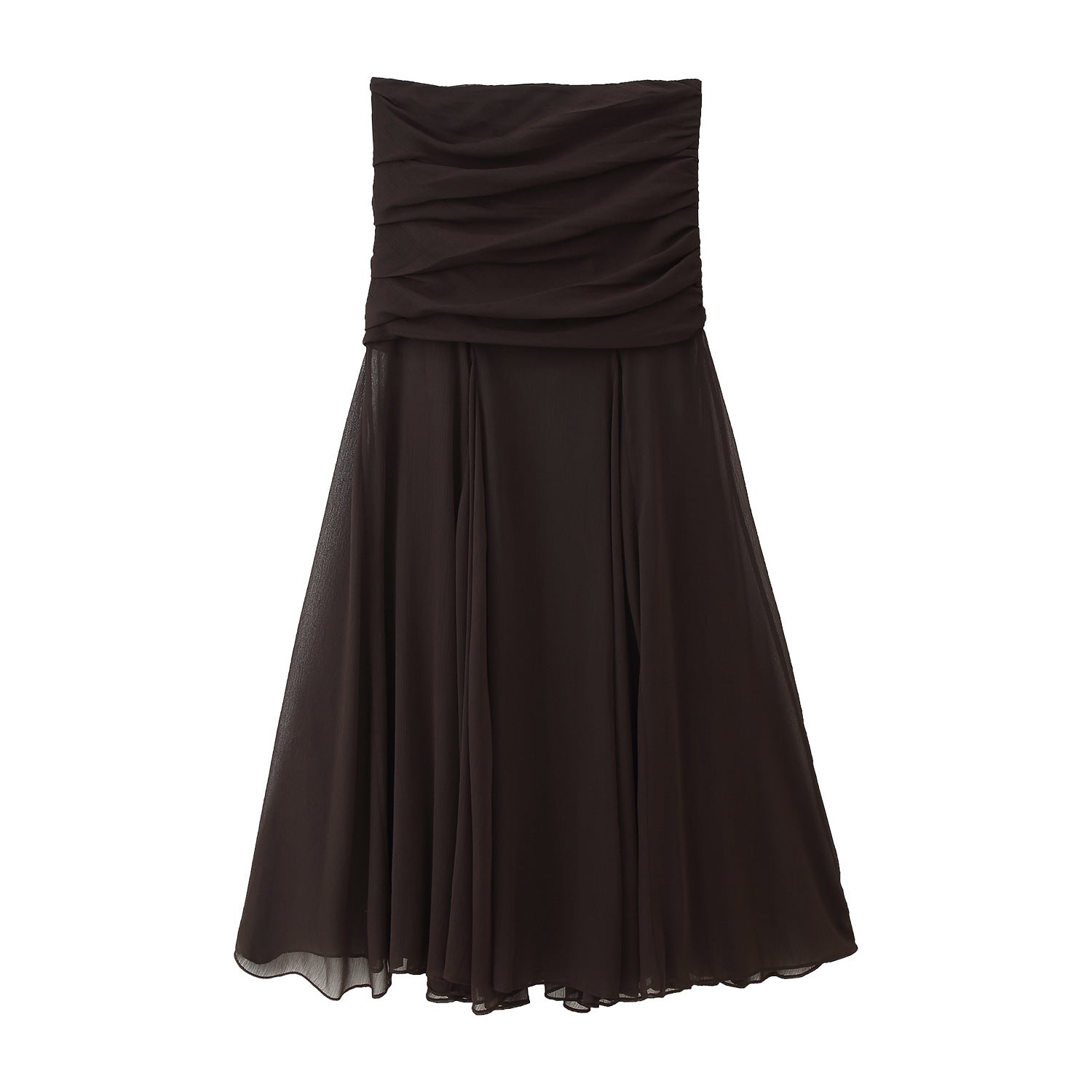Midi Dress in Chocolate Brown with Ruched Bandeau Bodice - chocolate brown front view