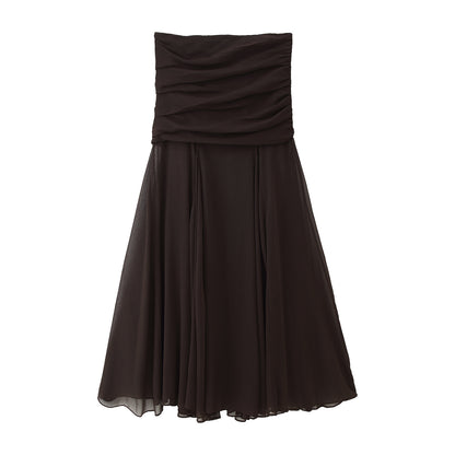Midi Dress in Chocolate Brown with Ruched Bandeau Bodice - chocolate brown front view