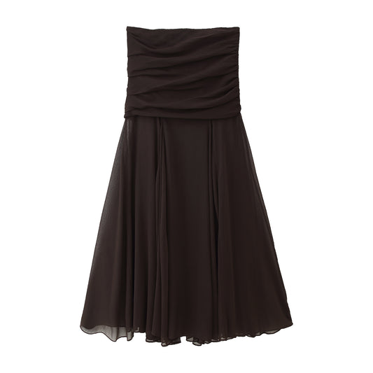 Midi Dress in Chocolate Brown with Ruched Bandeau Bodice - chocolate brown front view