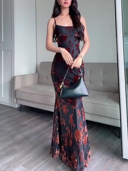 Flocked Floral Strappy Fishtail Maxi Dress in Black - black front view with handbag