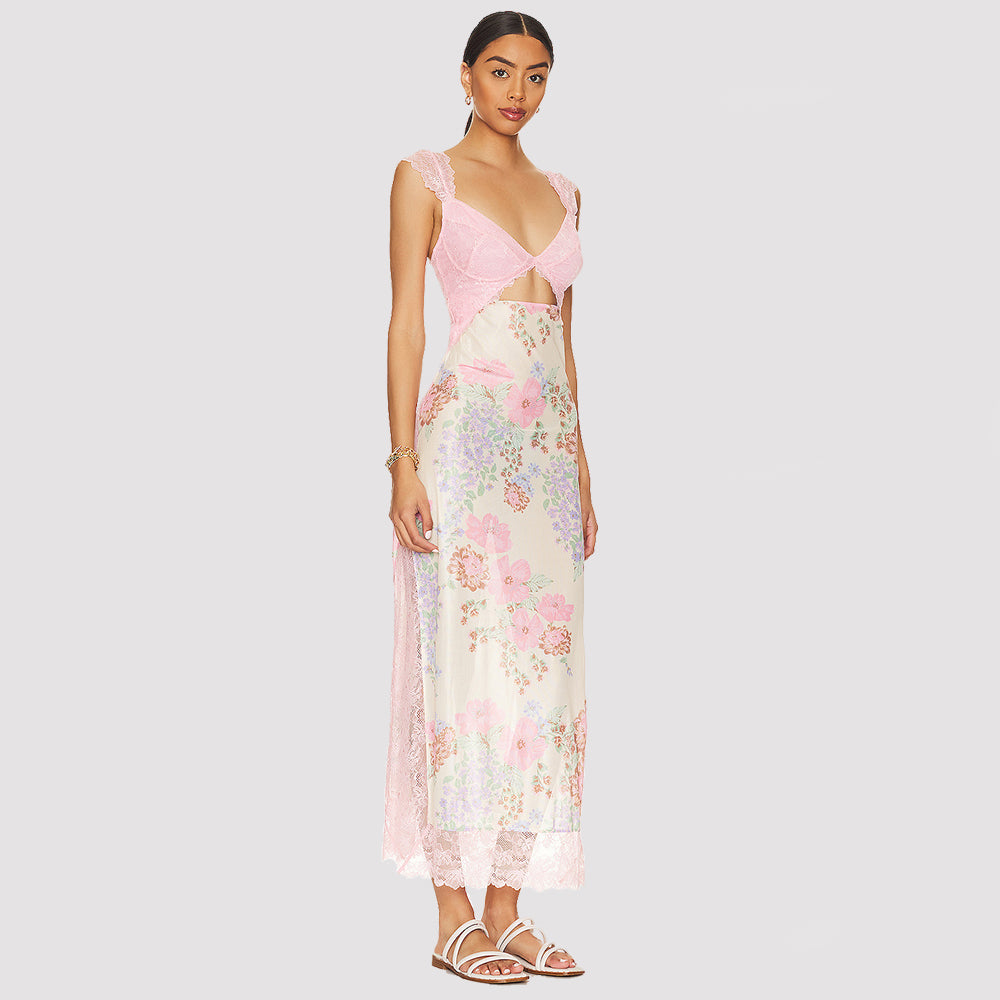 Maxi Dress with Lace Bodice and Floral Print - pink angled front view