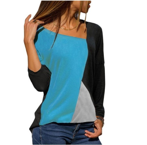 Long-Sleeve Colour-Block Bateau-Neck T-Shirt - blue and black angled view with contrast hem panel