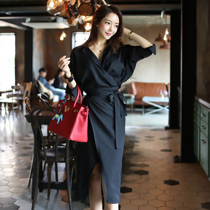 Wrap Midi Dress in Black with Tie Waist - black full-length cafe front view