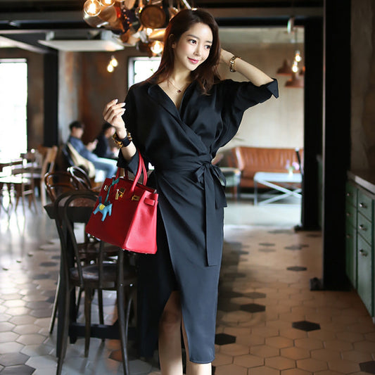 Wrap Midi Dress in Black with Tie Waist - black full-length cafe front view
