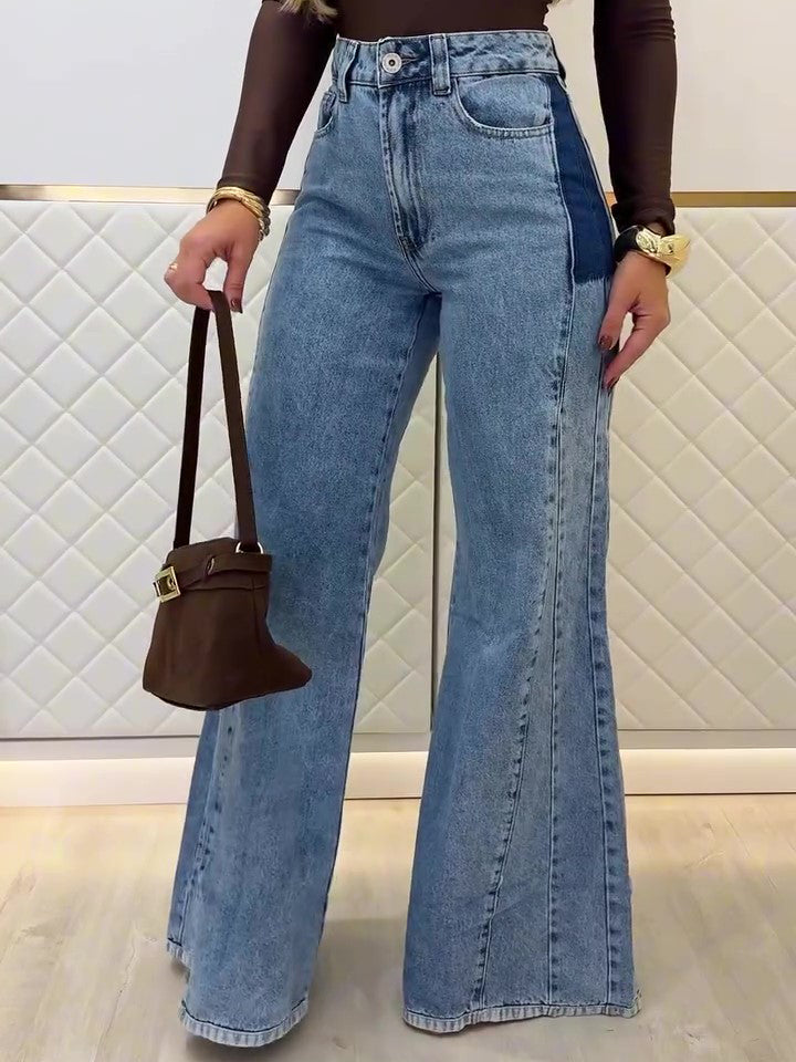 Light Blue High-Waisted Contrast Panel Flared Jeans - light blue straight front view with wide flare