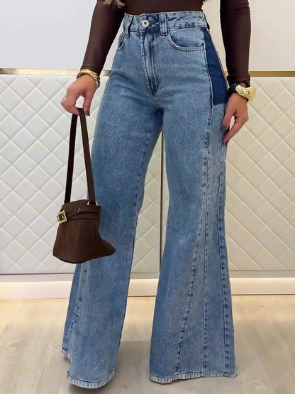 Light Blue High-Waisted Contrast Panel Flared Jeans - light blue straight front view with wide flare