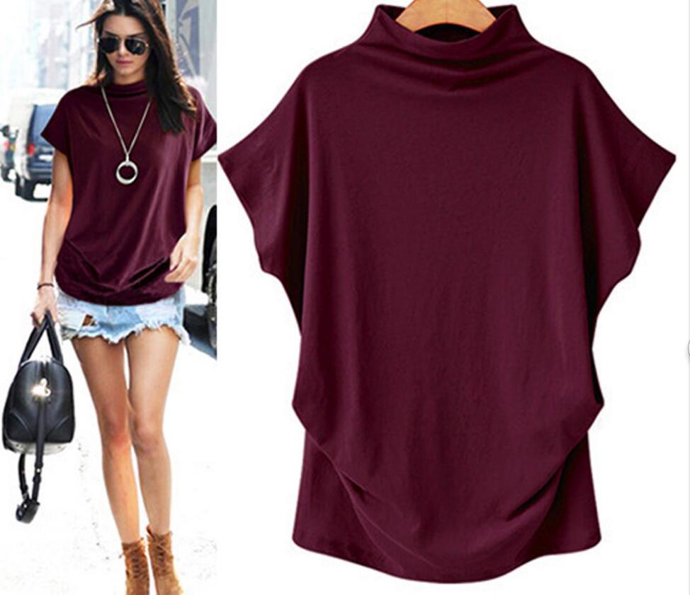 Tunic Top in Funnel-Neck Cotton with Drape Hem - Claret red model styling and front view