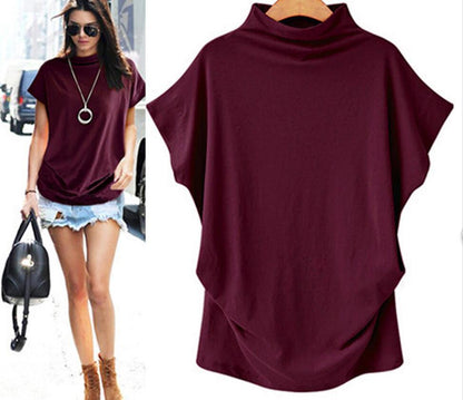 Tunic Top in Funnel-Neck Cotton with Drape Hem - Claret red model styling and front view