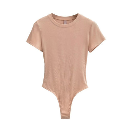 Bodysuit in Stretch Cotton with Short Sleeves - peach front view