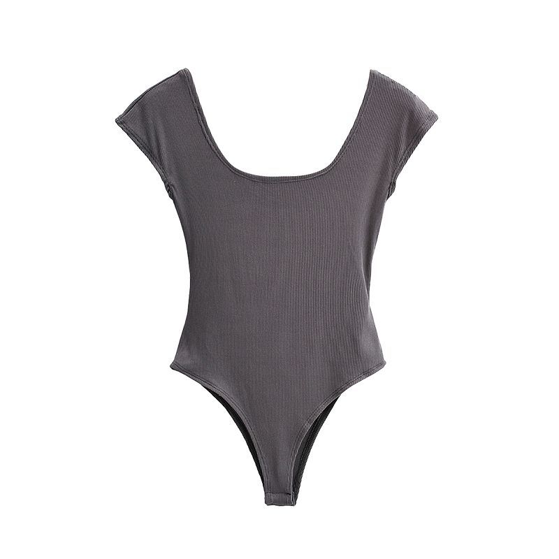 Bodysuit with Ribbed Square Neck and Open Back - carbon grey flat lay front