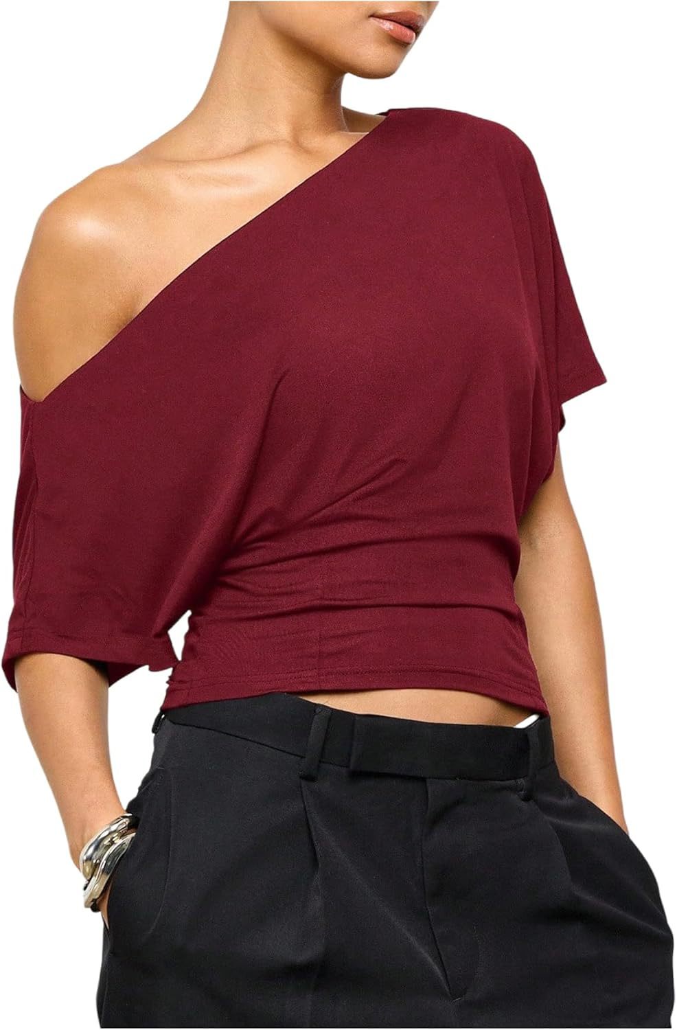One-Shoulder Top with Twist-Hem Drape - Wine Red front view