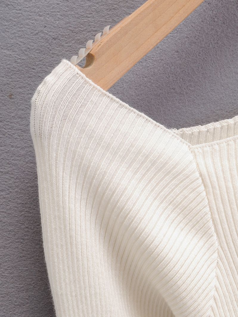 Knit Top with Boat Neck and Button Detail - white neckline detail