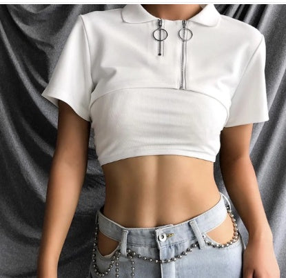 Cropped Polo Top with Double Ring Zip in White - white front view on model