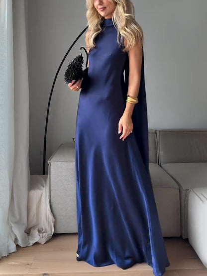 Maxi Dress in Royal Blue Satin with Draped Scarf Neck - front angle showing fluid satin drape