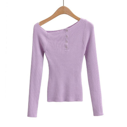 Knit Top with Boat Neck and Button Detail - purple front view