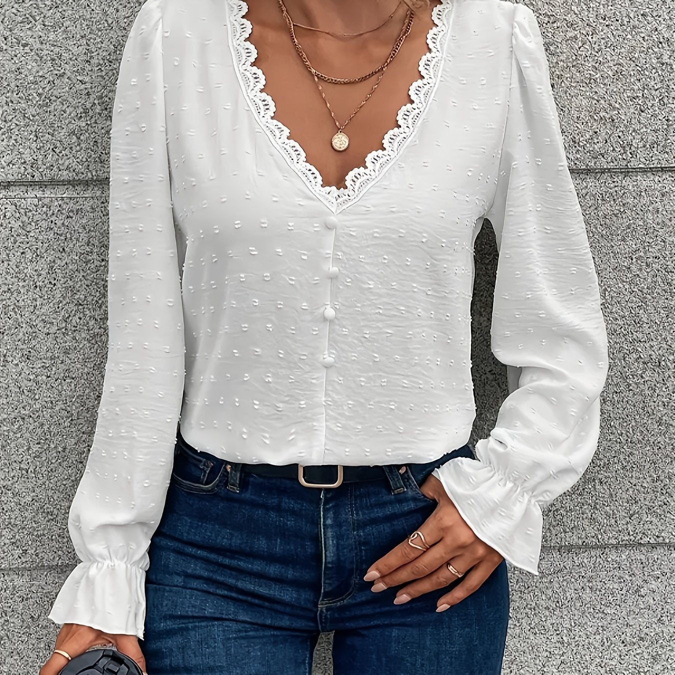 Blouse with Scalloped V-Neck and Button Front - white close front view