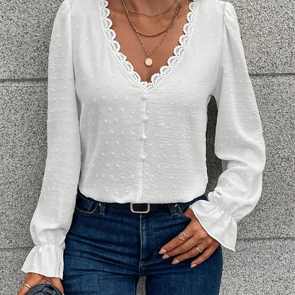 Blouse with Scalloped V-Neck and Button Front - white close front view