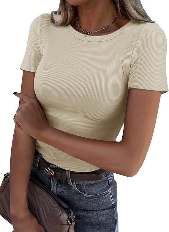 T-Shirt in Sculpting Ribbed Stretch - beige front view