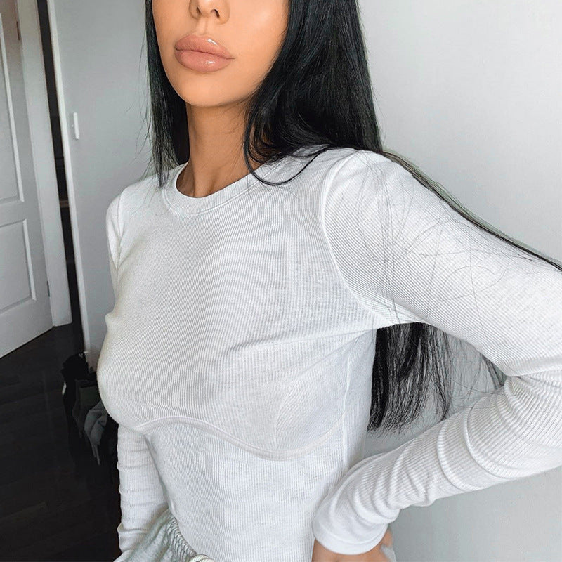 Ribbed Long-Sleeve Contour Top in White - white front three-quarter view