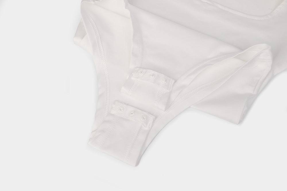 Bodysuit with Square Neck and Long Sleeves - white popper gusset detail