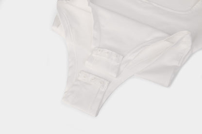 Bodysuit with Square Neck and Long Sleeves - white popper gusset detail