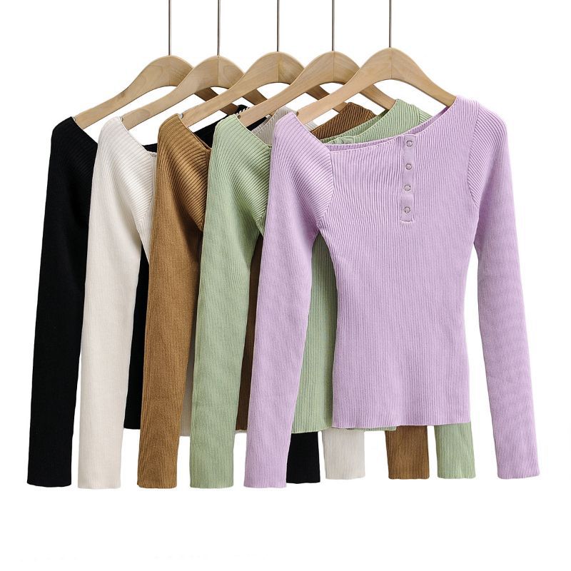 Knit Top with Boat Neck and Button Detail - all colours lineup