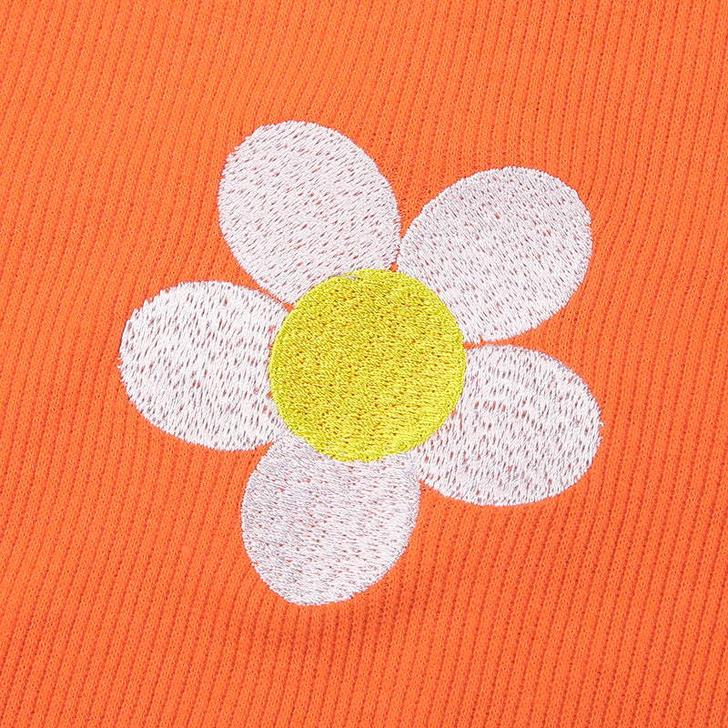 Crop Top in Orange Ribbed Knit with Daisy Applique - orange daisy applique close-up