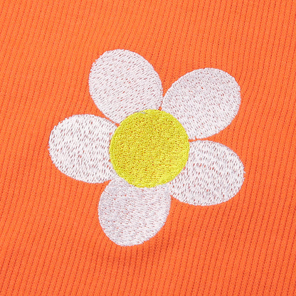 Crop Top in Orange Ribbed Knit with Daisy Applique - orange daisy applique close-up