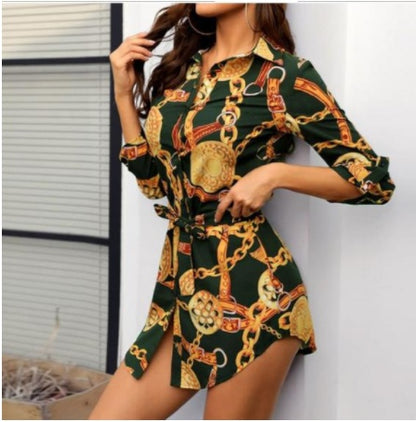 Tunic Shirt Dress in Chain Print - green belted front view