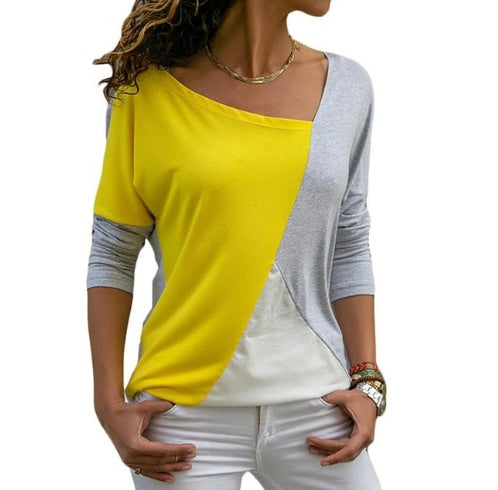 Long-Sleeve Colour-Block Bateau-Neck T-Shirt - yellow and grey front view