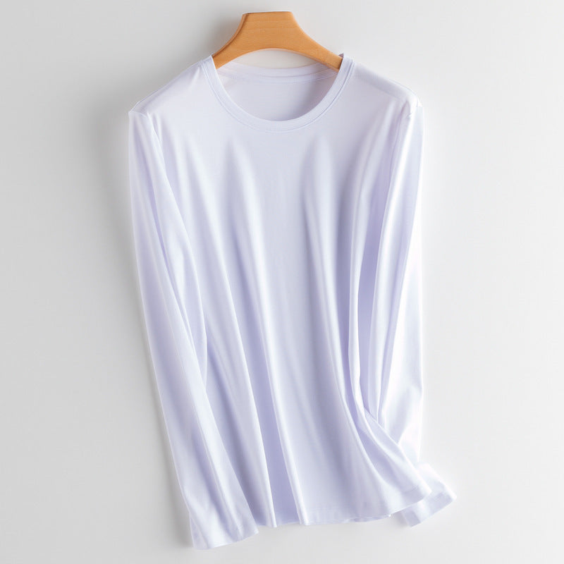 T-Shirt in Soft Drape Jersey with Long Sleeves - white round neck front view