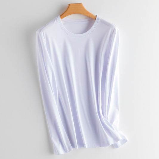 T-Shirt in Soft Drape Jersey with Long Sleeves - white round neck front view