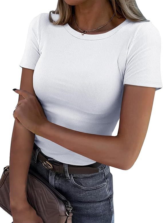 T-Shirt in Sculpting Ribbed Stretch - white front view