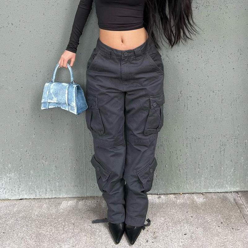 Cargo Jeans in High-Rise Multi-Pocket Utility Fit - black front view
