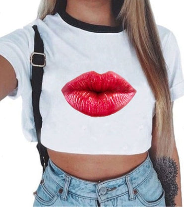 Crop T-Shirt in White with Graphic Print and Contrast Trim - white front with red lips print