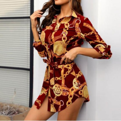 Tunic Shirt Dress in Chain Print - wine red belted front view