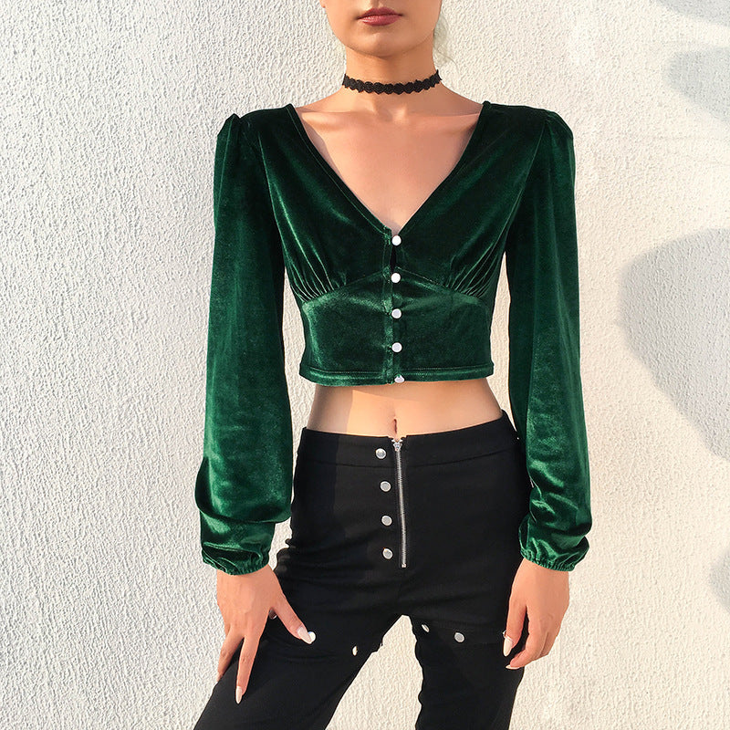 Crop Top in Emerald Green Velvet with Long Sleeves - full front view styled with black jeans