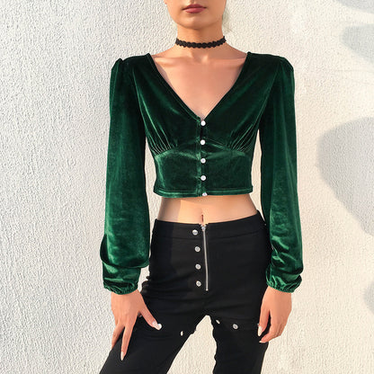 Crop Top in Emerald Green Velvet with Long Sleeves - full front view styled with black jeans
