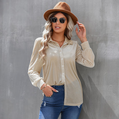 Shirt in Velvet Stripe with Relaxed Longline Fit - apricot front angled view