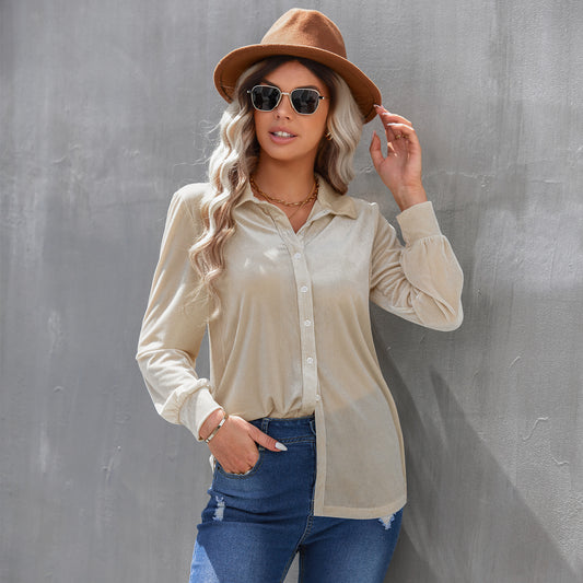 Shirt in Velvet Stripe with Relaxed Longline Fit - apricot front angled view