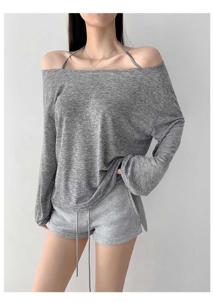 Top with Off-Shoulder Halter Strap - light grey mirror view