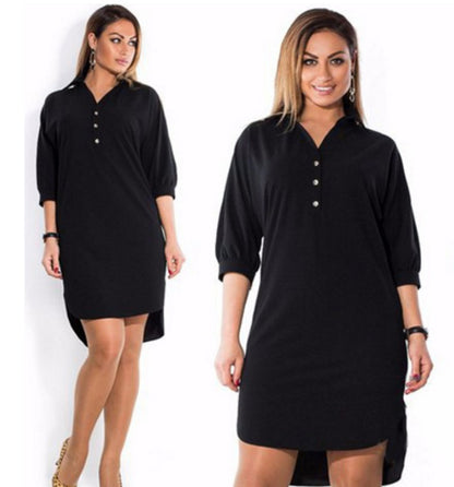 Shirt Dress with Dipped Hem in Plus Sizes - black front and back views