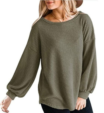 Top in Waffle Texture with Lantern Sleeves - army green front view