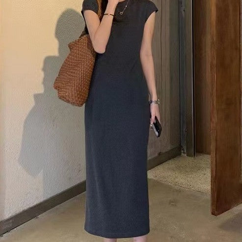 Maxi Dress in Charcoal Cotton Jersey - full-length front view