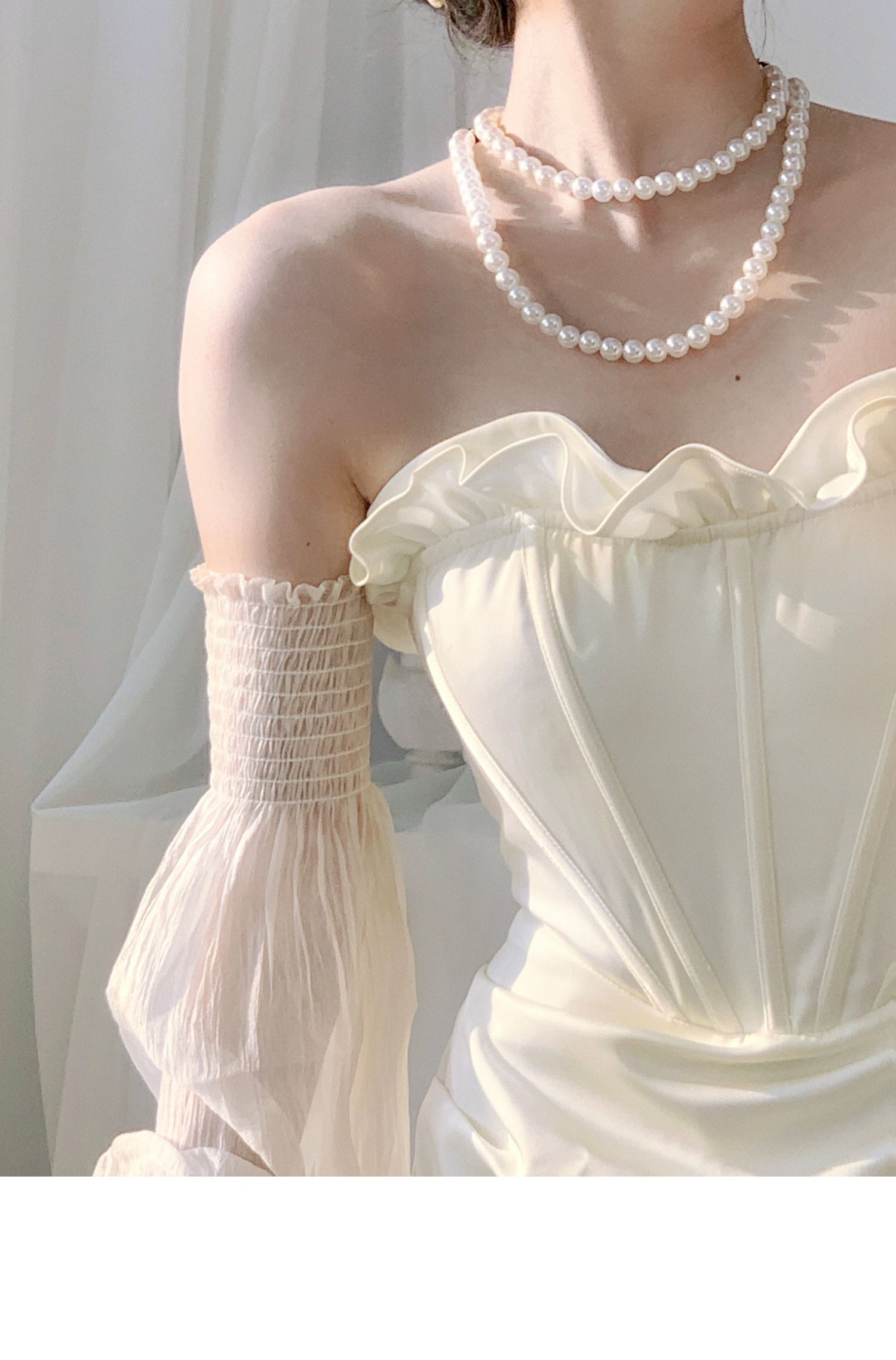 Maxi Dress in Ivory Satin with Sheer Sleeves - ivory corset bodice close-up
