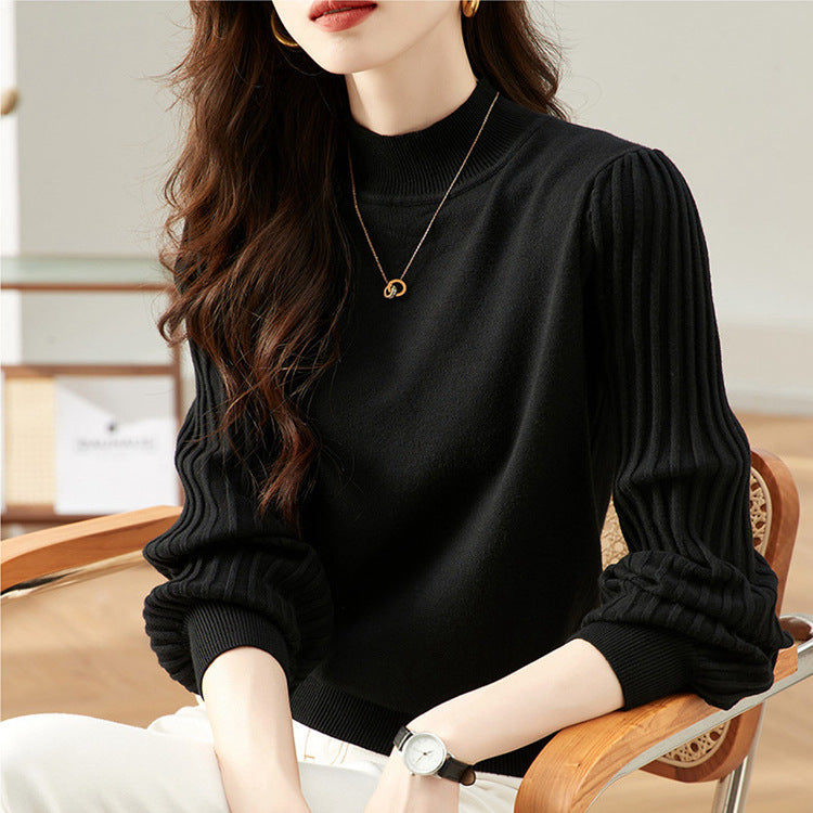 Knit Top with Pleated Sleeves and Mock Neck - Black seated front view