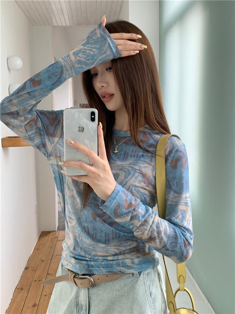 Top in Blue Swirl Print Mesh with Long Sleeves - blue mirror close-up