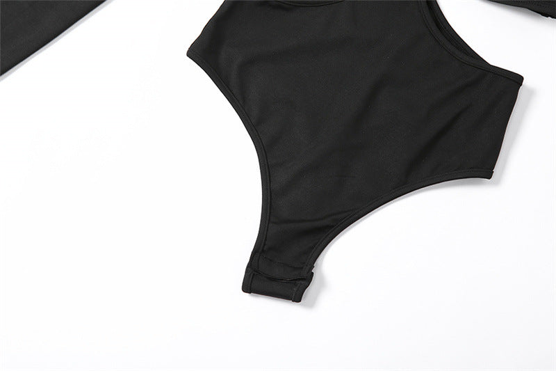 Bodysuit in Black with Open Back and Front Cut-Outs - black high-cut brief detail