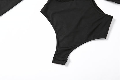 Bodysuit in Black with Open Back and Front Cut-Outs - black high-cut brief detail