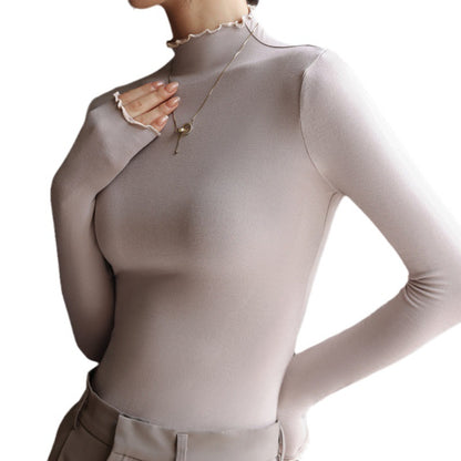 Top in Stretch Mock Neck with Ruffle Trim - khaki front view